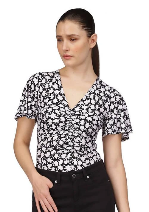 Michael Kors Michael Kors Womens Short Sleeve V Neck Floral Print Ruched Top 1