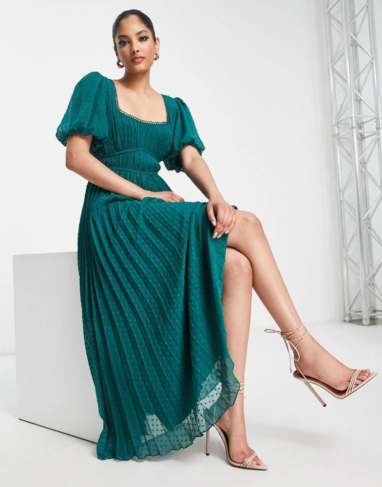 slim fit dress slacks Sarta Dresses Womens UK V-neck Tiered Midaxi Dress Puff Sleeve Green – MSH  Wholesale main image 0
