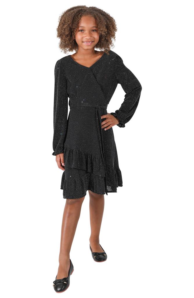 Us Angels Kids' Sparkle Faux Wrap Long Sleeve Dress