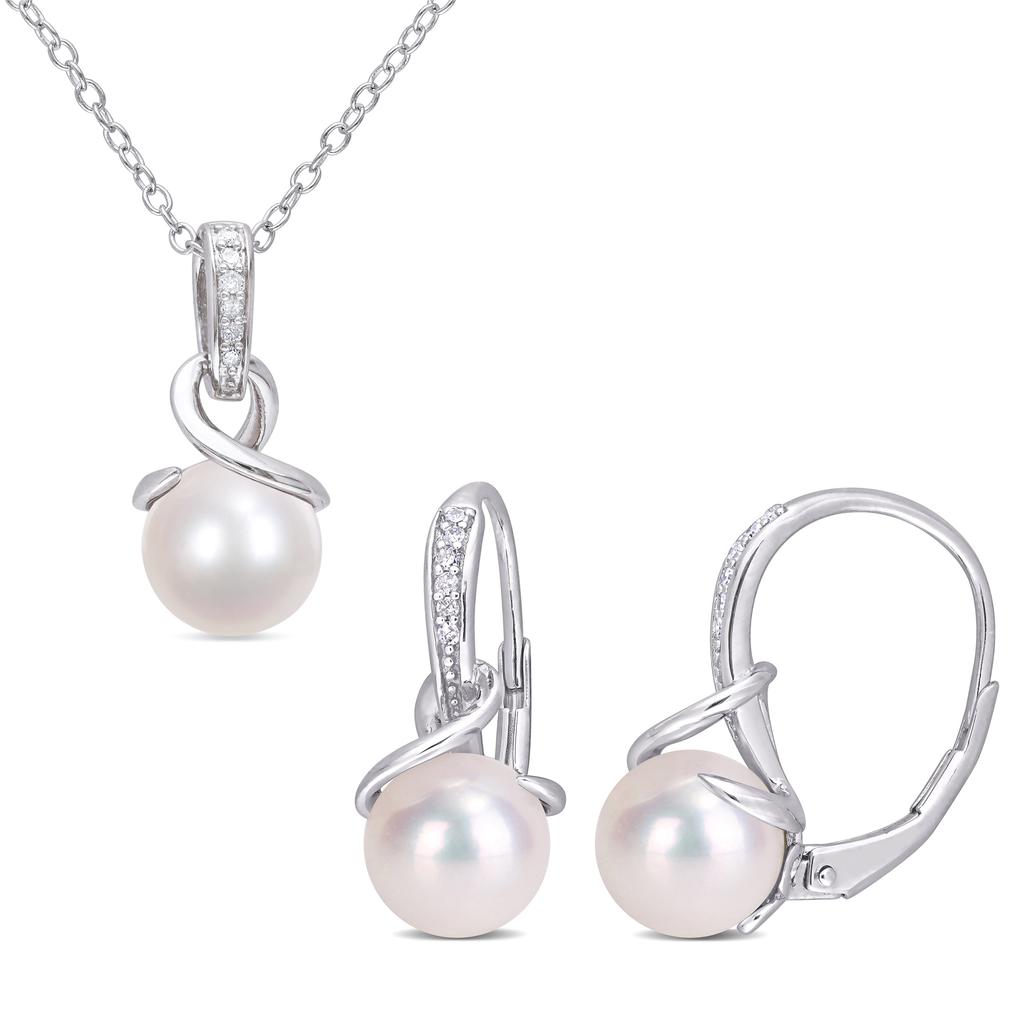 Mimi & Max Cultured Freshwater Pearl 1/10ct TDW Diamond Jewelry Set Sterling Silver