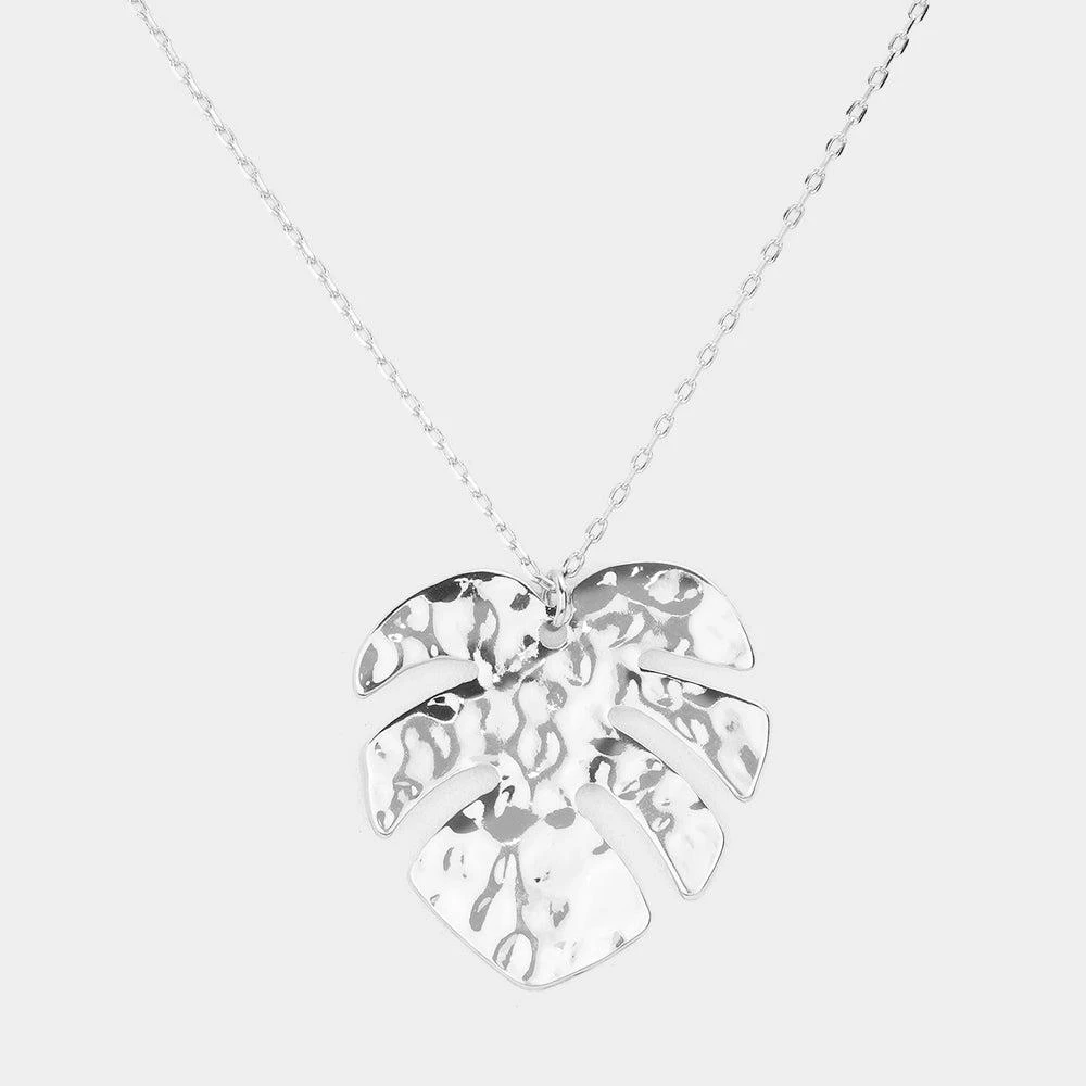 FASHNZFAB Hammered Metal Tropical Leaf Pendant Necklace