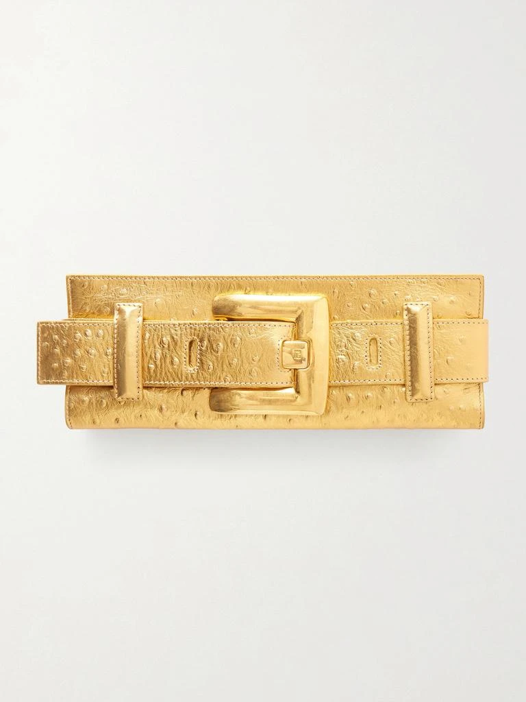 Balmain Anthem Buckled Ostrich-effect Metallic Leather Clutch