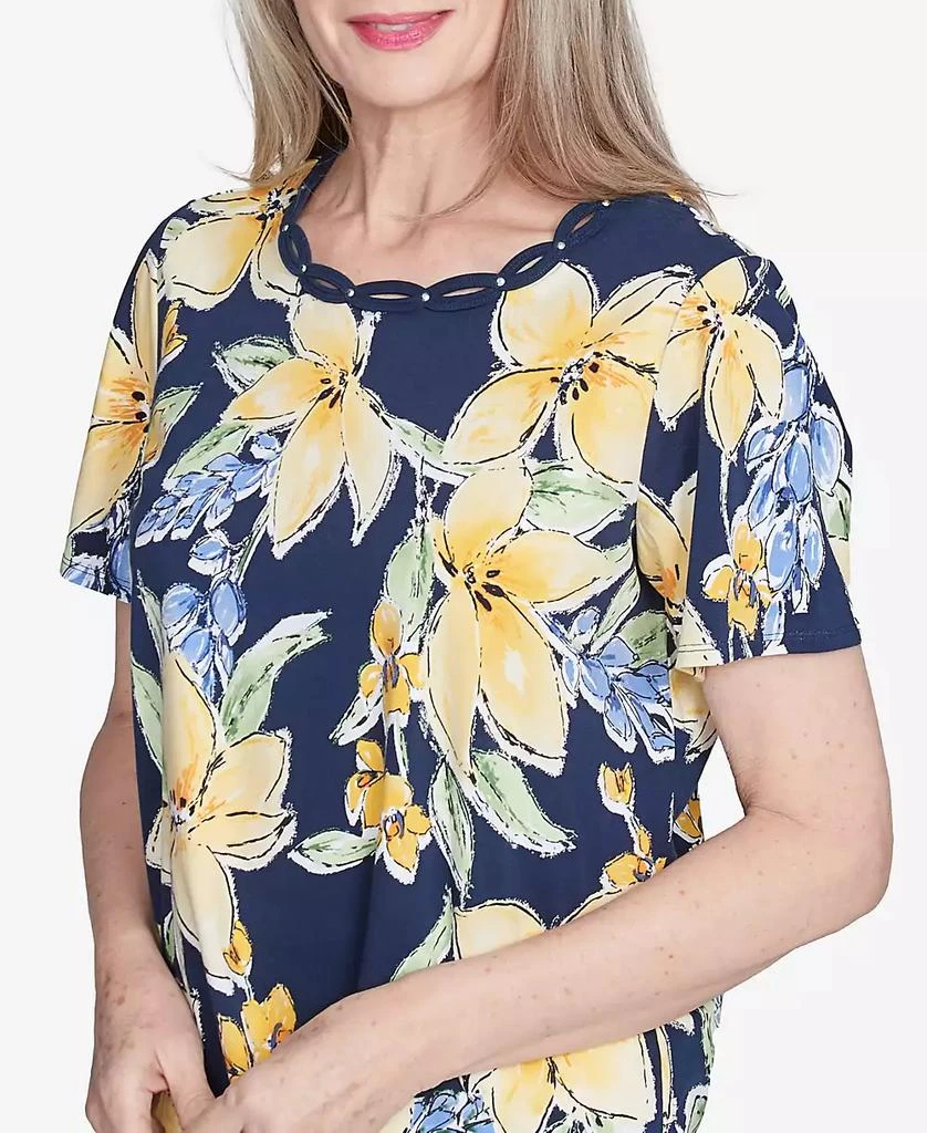 Alfred Dunner Petite  Navy Floral Braided Crew Neck Top 5