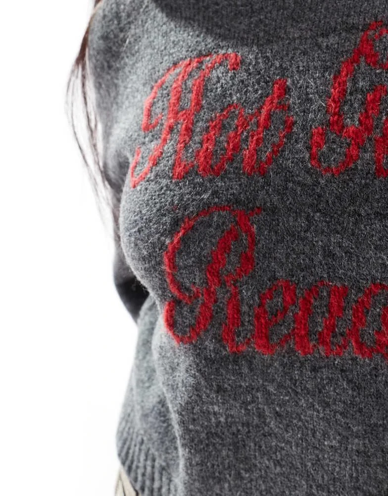 ASOS ASOS DESIGN knitted hot girls read slogan jumper in charcoal 2