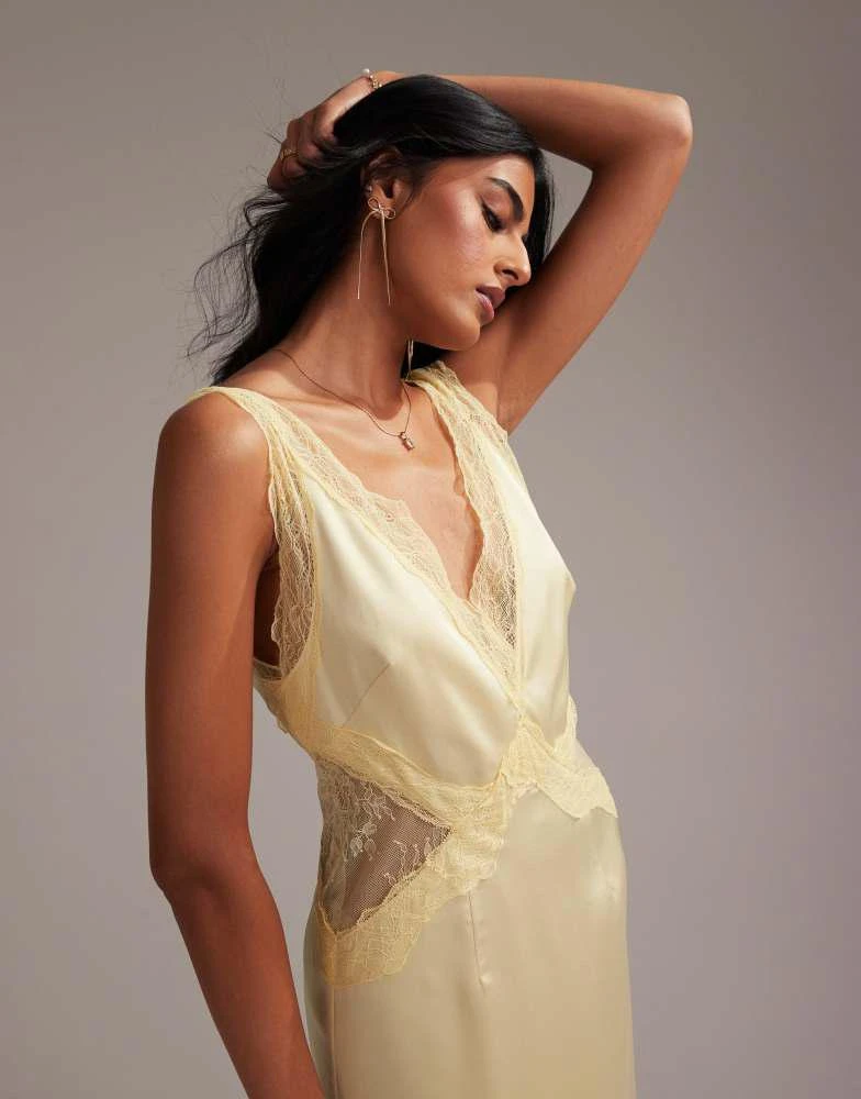 ASOS ASOS DESIGN Bridesmaids plunge neck lace detail satin column maxi dress in soft yellow 2