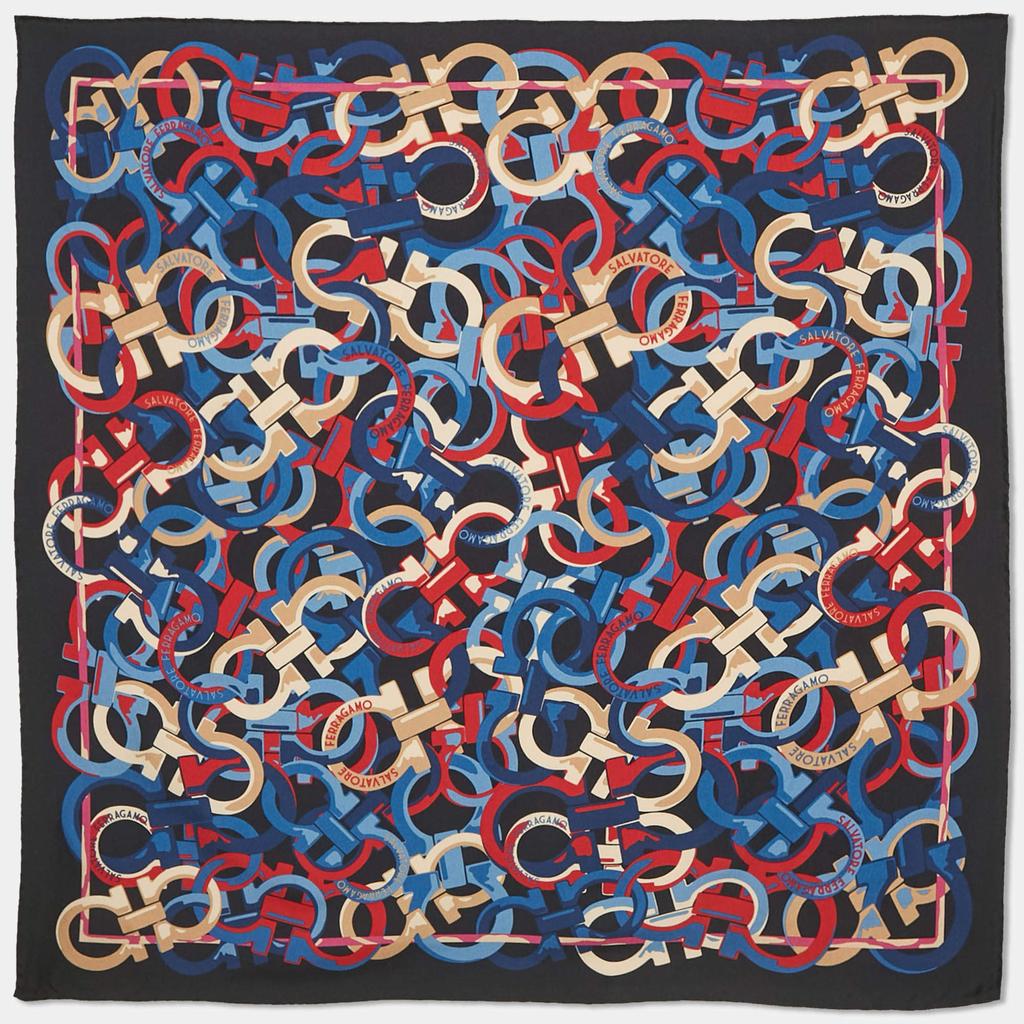 Salvatore Ferragamo Salvatore Ferragamo Navy Blue Logo Print Silk Scarf