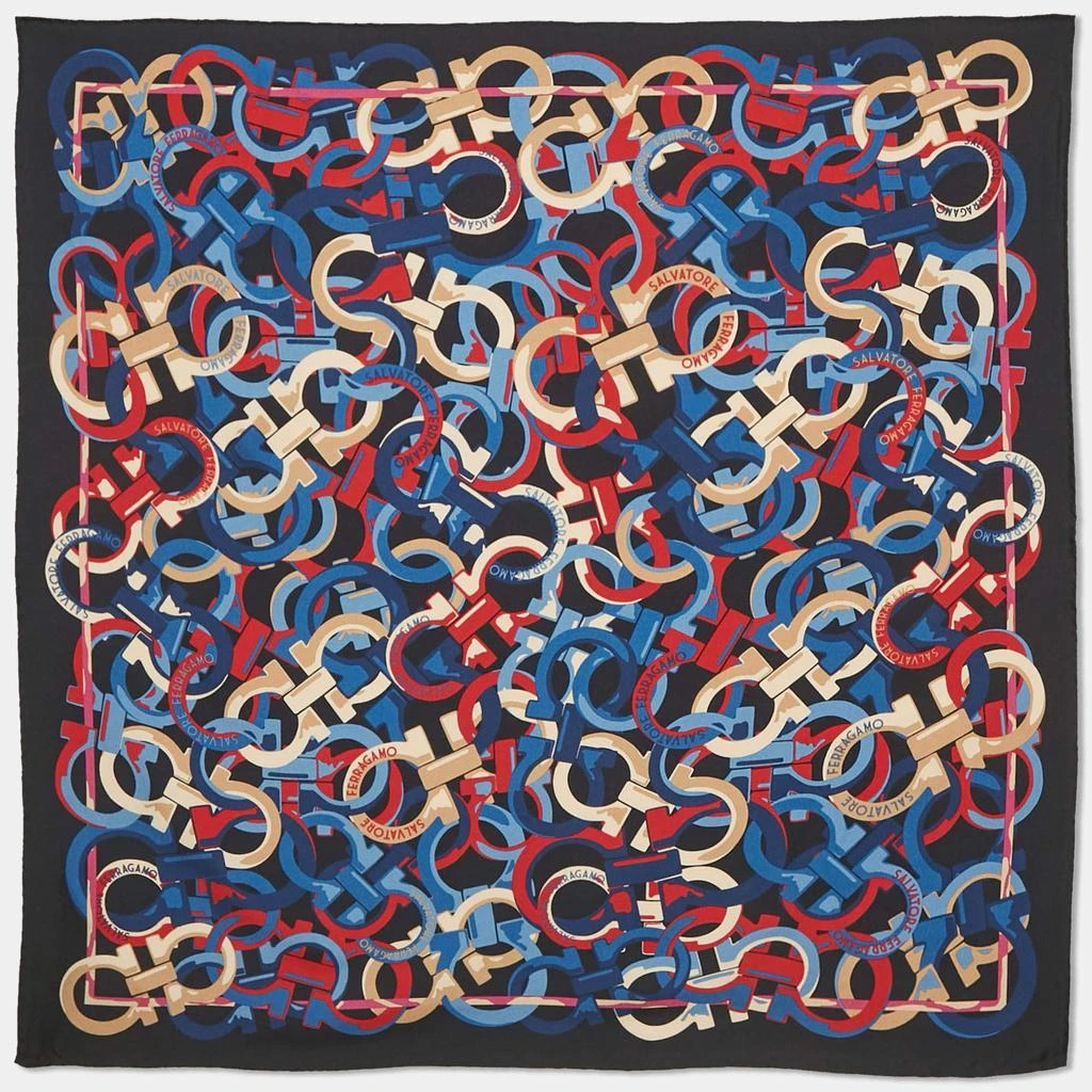 Salvatore Ferragamo Salvatore Ferragamo Navy Blue Logo Print Silk Scarf 1