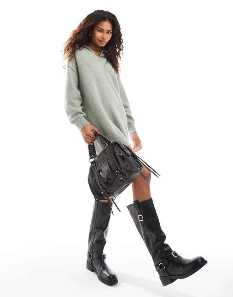 Weekday Weekday Tahlia polo collar knitted mini dress in sage green melange exclusive to ASOS 2