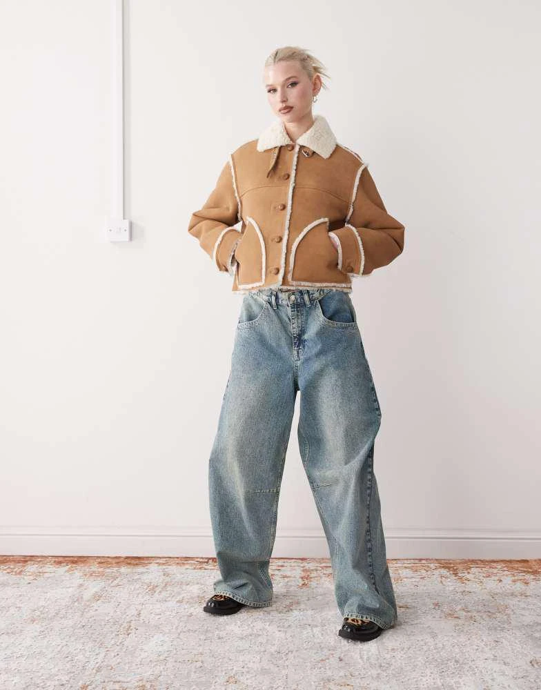 Monki Monki suede aviator jacket with shearling trim and collar in brown 2