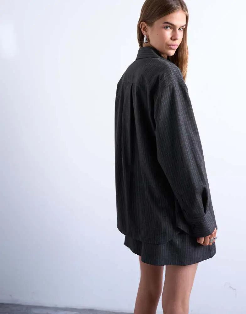 Topshop Topshop brushed pinstripe tailored shirt in charcoal 3