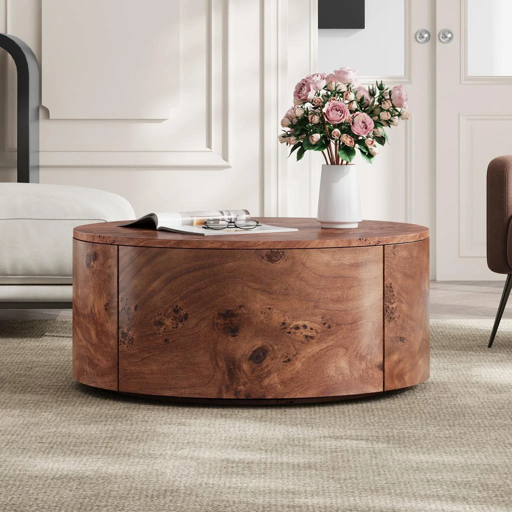 Streamdale Furniture Streamdale Burl Wood Rotating Coffee Table with 2 Drawers, 360° Rotating Top, Walnut, 28.4"