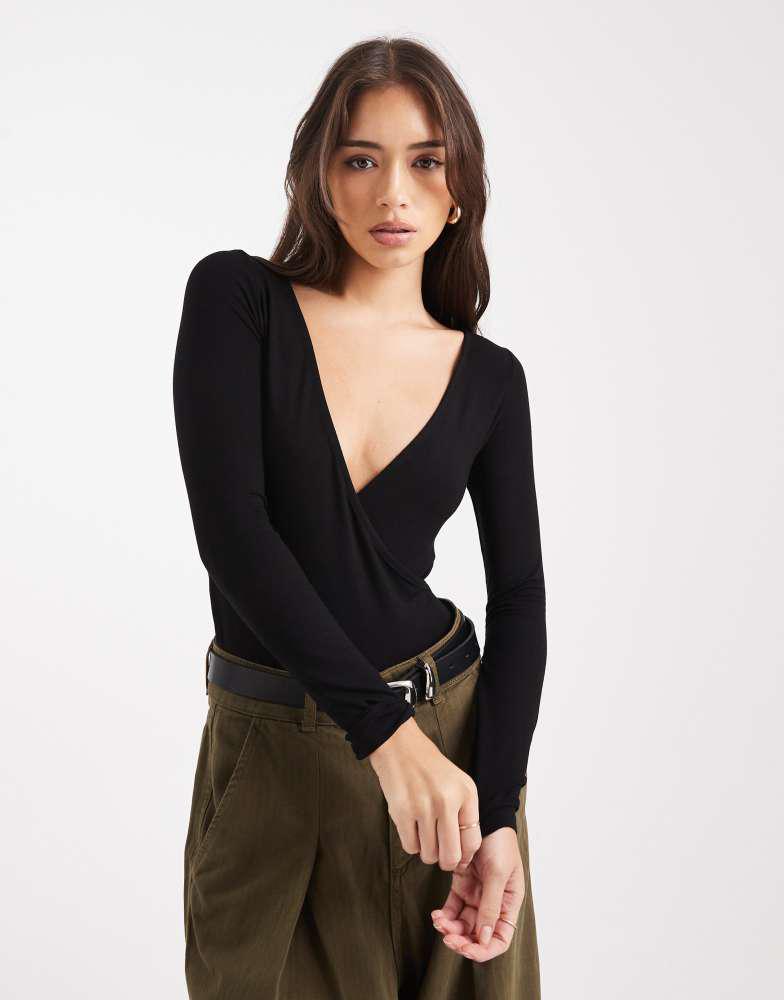 Miss Selfridge Miss Selfridge wrap long sleeve bodysuit in black
