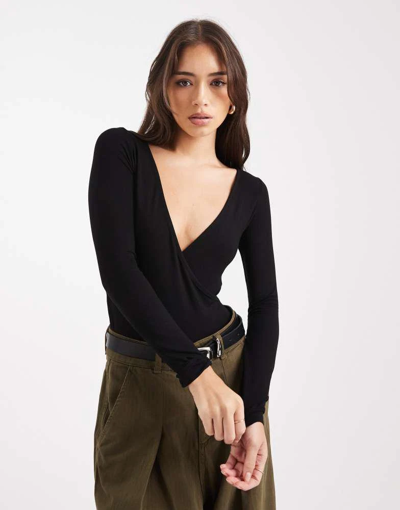 Miss Selfridge Miss Selfridge wrap long sleeve bodysuit in black 1