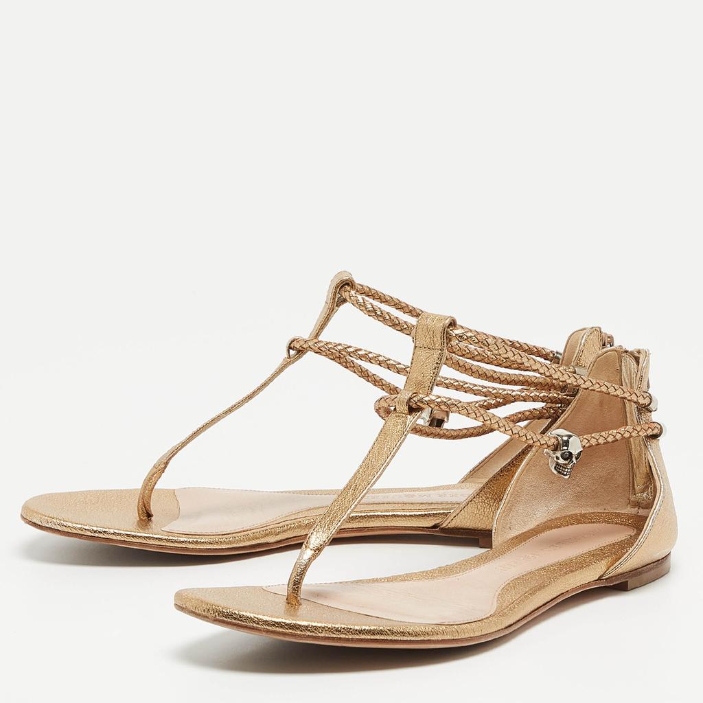 Alexander McQueen Alexander McQueen Gold Braided Leather Skull Detail Thong Flat Sandals Size 41
