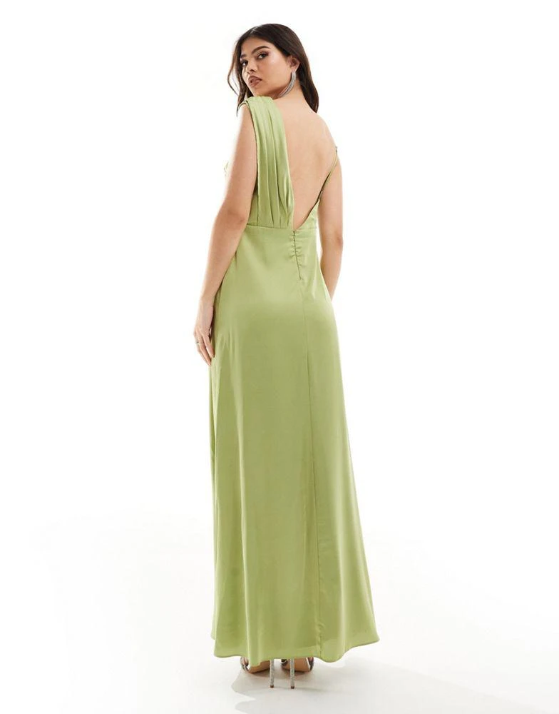TFNC TFNC Bridesmaid satin one shoulder drape maxi dress in olive 4