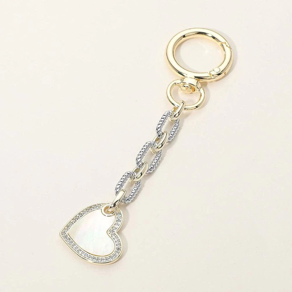 FASHNZFAB 14K Gold Plated CZ Stone Rim Mother of Pearl Heart Charm Drop Keychain Bag Charm