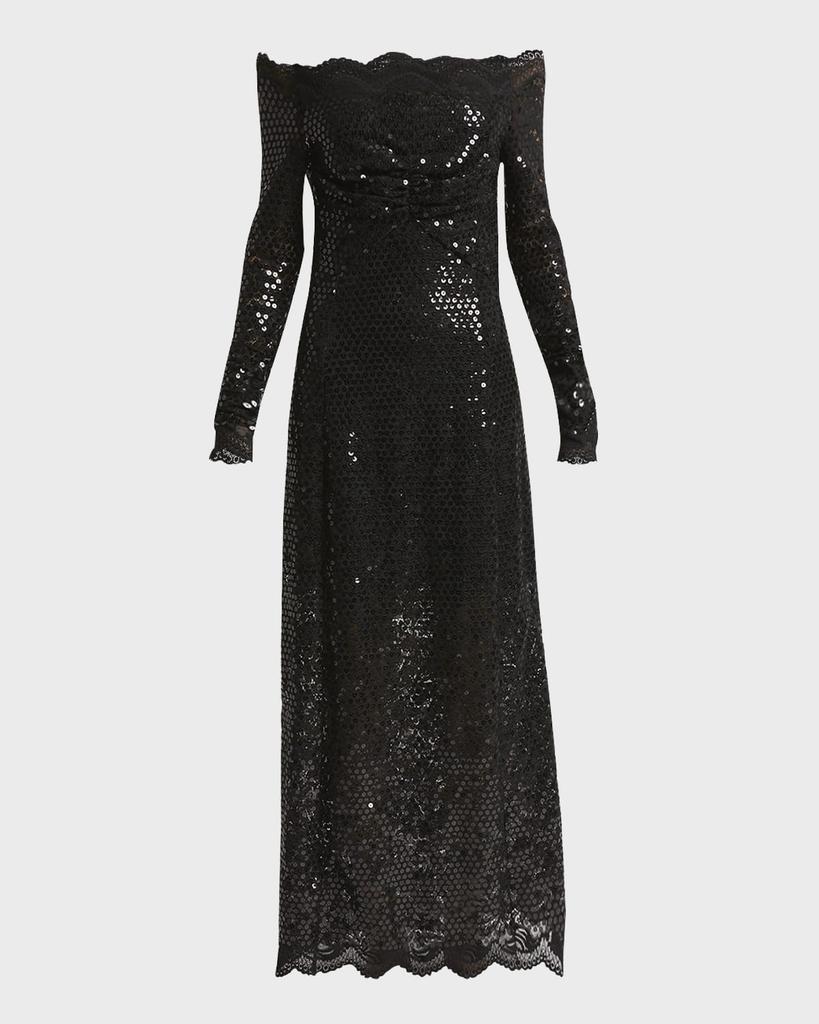 Rabanne Sequined Lace Off-The-Shoulder Long-Sleeve Maxi Dress