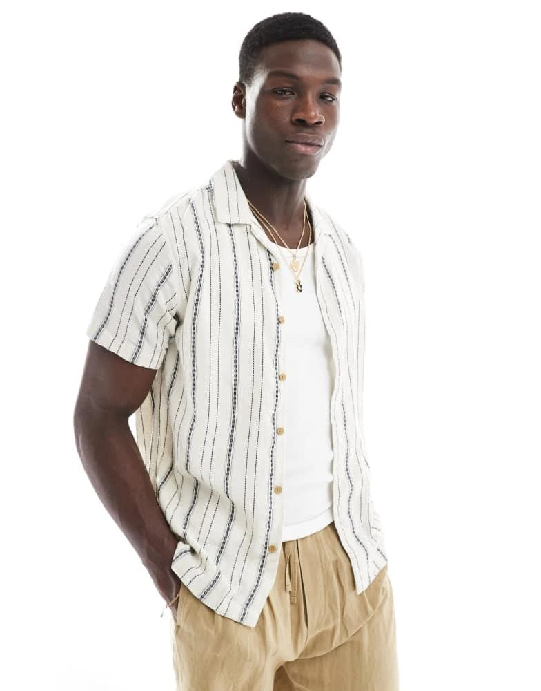 Brave Soul Brave Soul short sleeve shirt in ecru with textured stripe 1