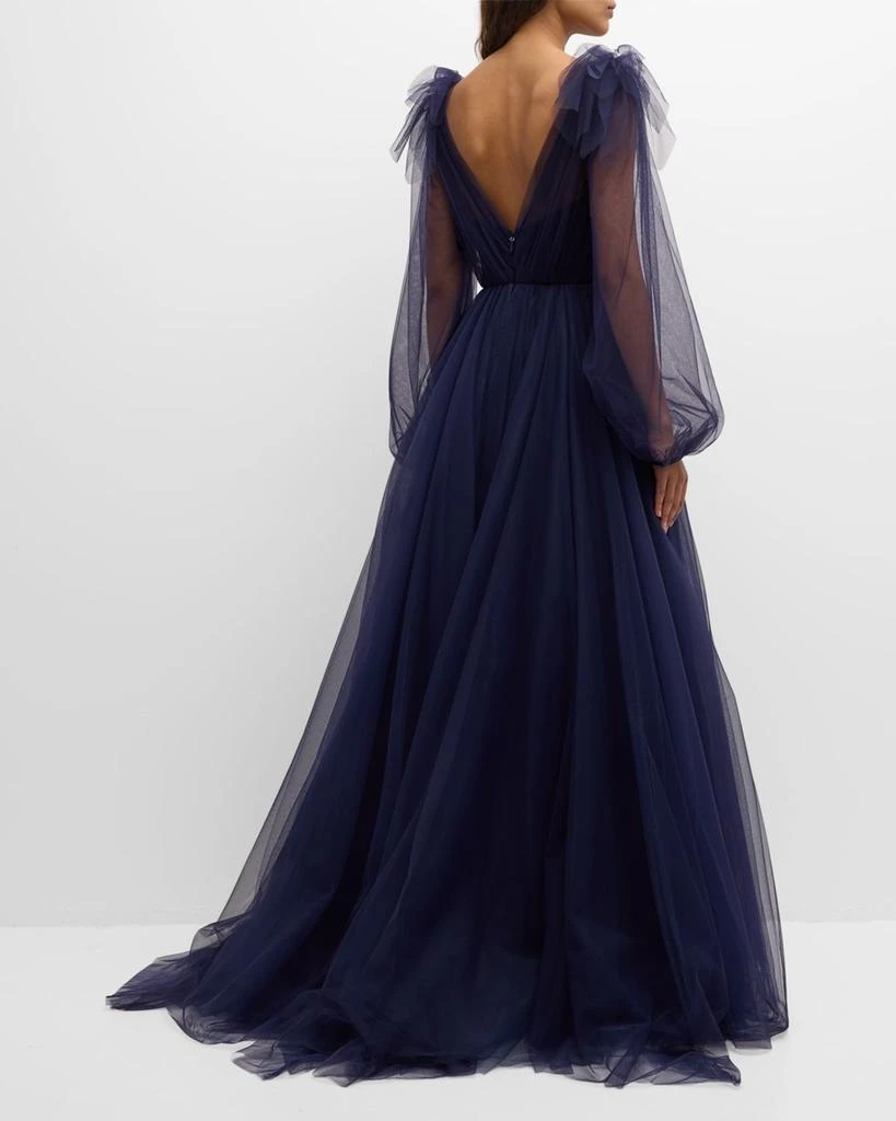 Romona Keveza Plunging Ruffle Long-Sleeve Tulle Gown 6