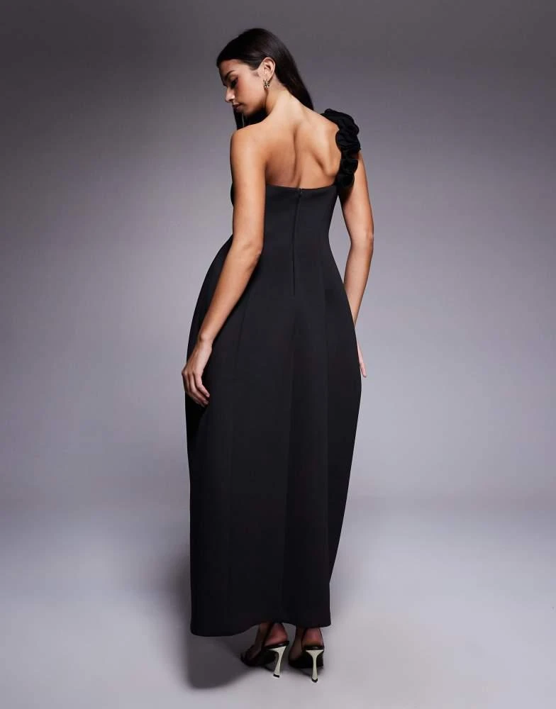 ASOS Design bandeau maxi dress with flower detail in Black in scuba-style fabric