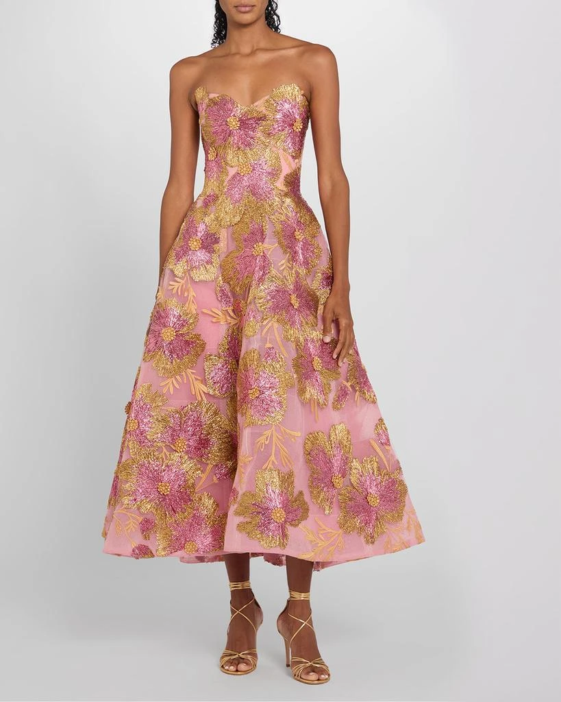 Monique Lhuillier Strapless Metallic Floral Embroidered Tulle Tea-Length Dress 2