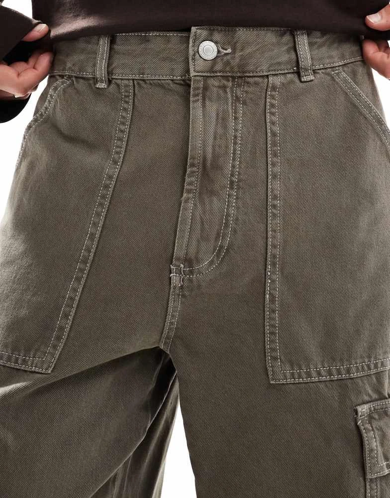 Pull&Bear Pull&Bear contrast stitch wide leg cargo in brown 4