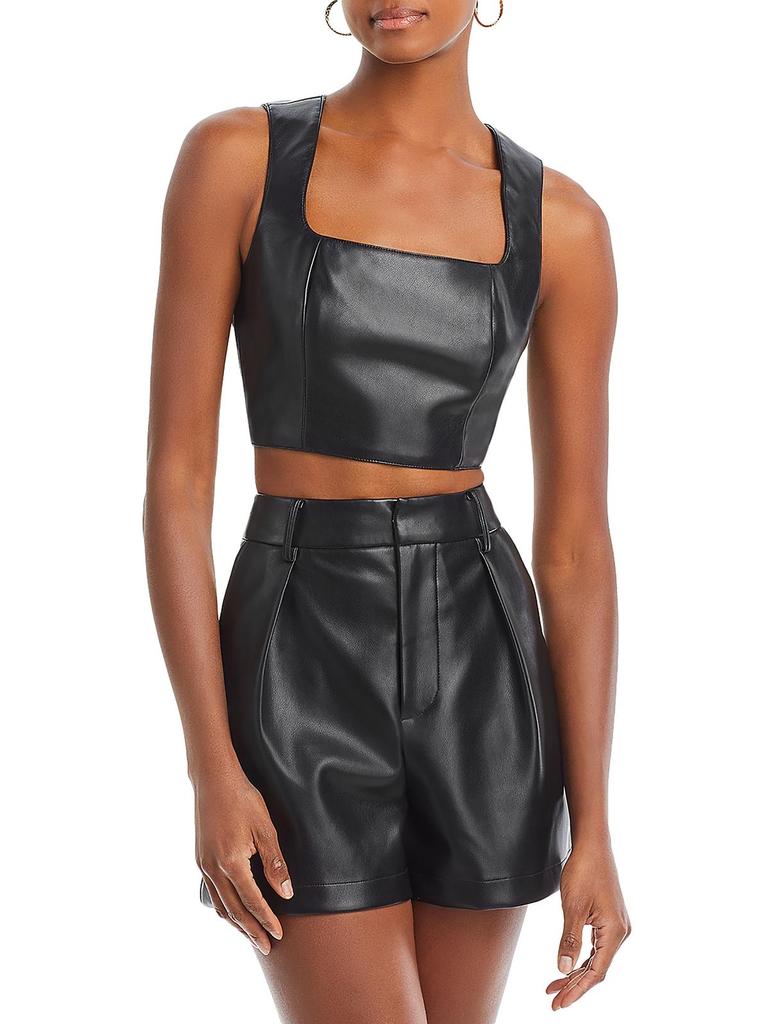 Avec Les Filles Womens Faux Leather Square Neck Cropped