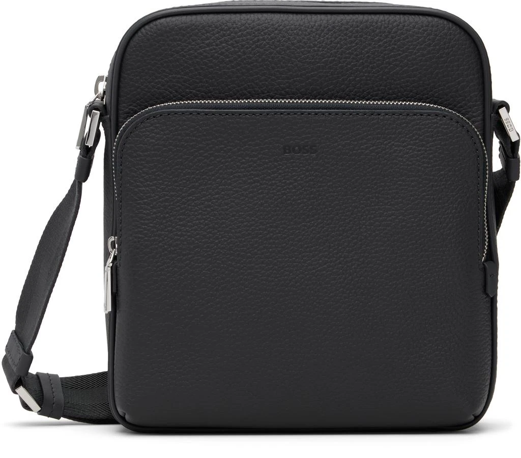 Hugo Boss Navy Leather Logo-Embossed Messenger Bag