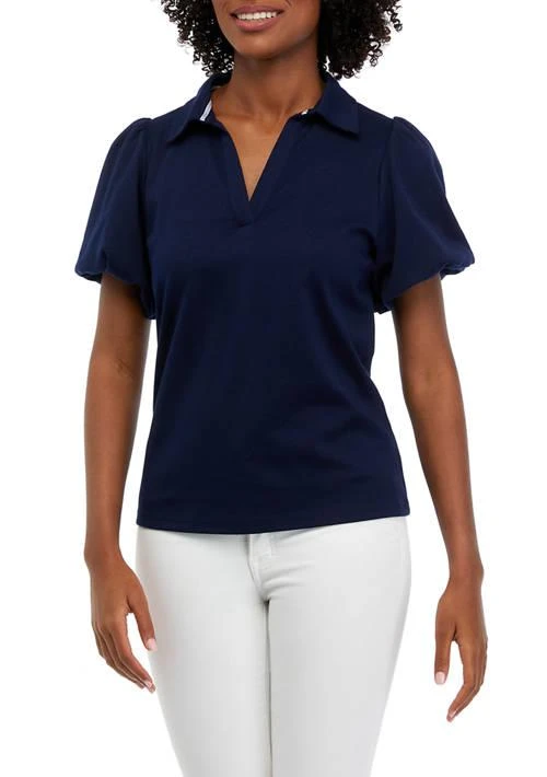 Crown & Ivy™ Ivy Womens Short Bubble Sleeve Johnny Collar Shirt 1