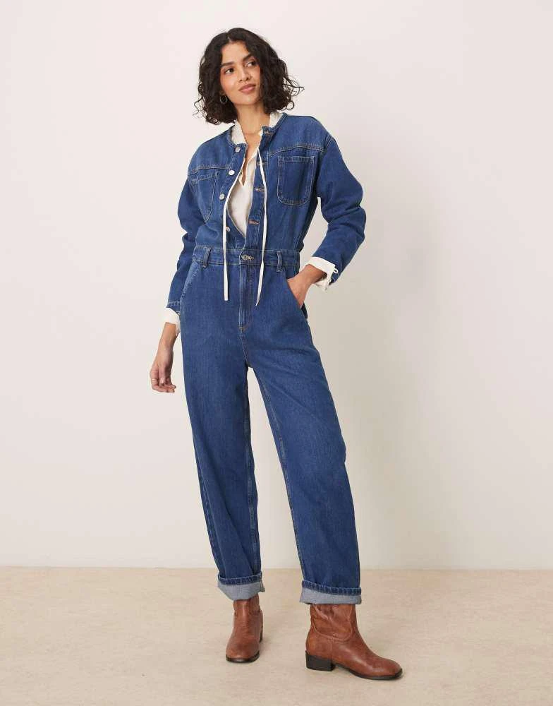 ASOS ASOS DESIGN premium collarless denim jumpsuit in midwash blue 1