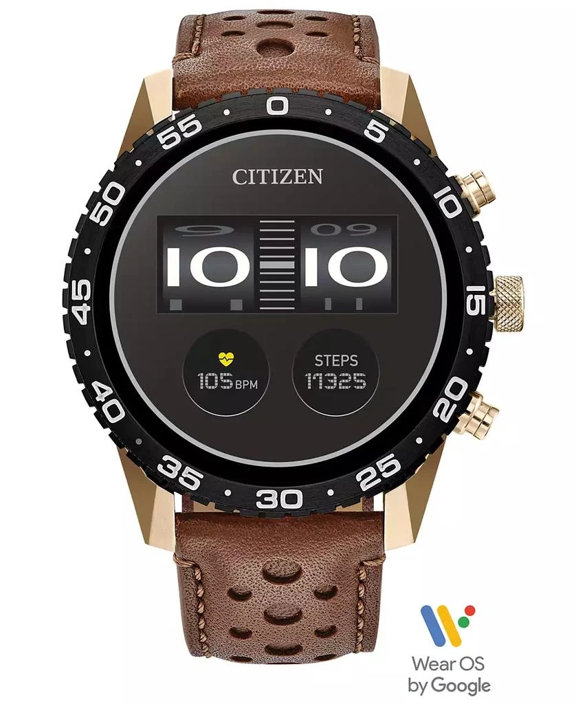 Shop Unisex CZ Smart Wear OS Brown Perforated Leather Strap Smart