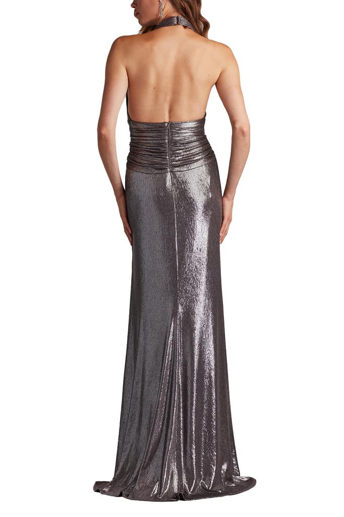 Tadashi Shoji Mona Pleated Metallic Halter Gown