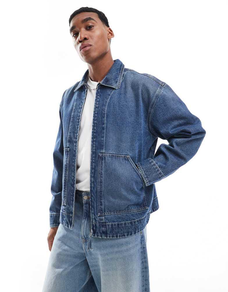 ASOS ASOS DESIGN harrington jacket in mid wash blue