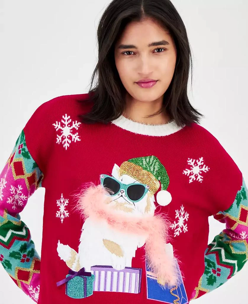 Hooked Up by IOT Juniors' Glam Cat Christmas Sweater 3