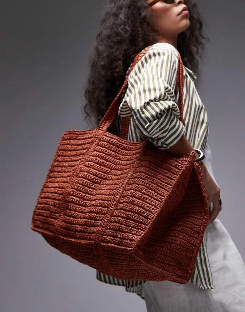 Mango Mango extra large raffia bag with zip thorugh lining in burnt orange 4