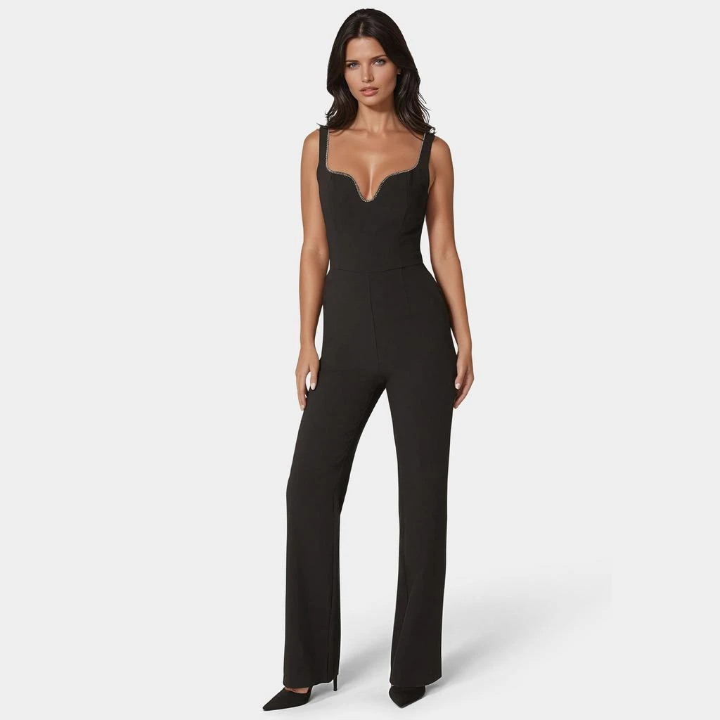 Bebe Women's Plunging U Neck Chain Detail Wide Leg Jumpsuit 1