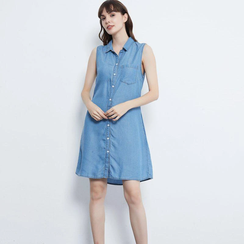 Anna-Kaci Sleeveless Button Down Premium Denim Dress 2