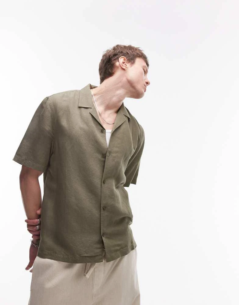 Topman Topman regular fit short sleeve linen blend shirt in khaki 1