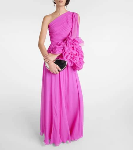 Costarellos One-shoulder ruffled silk gown 2