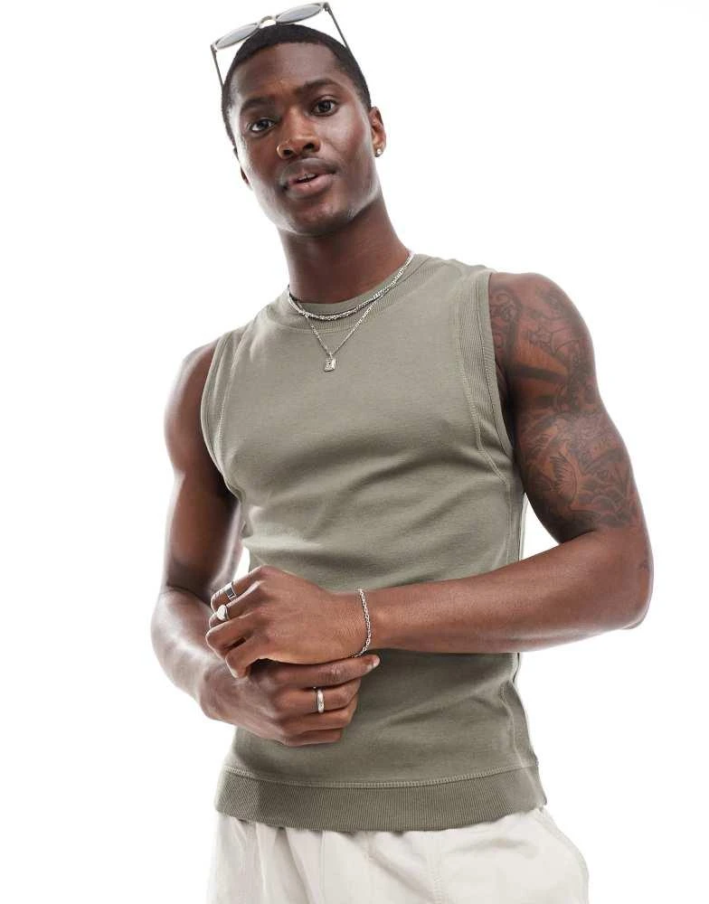 ASOS ASOS DESIGN muscle fit vest with panel detail in khaki 1