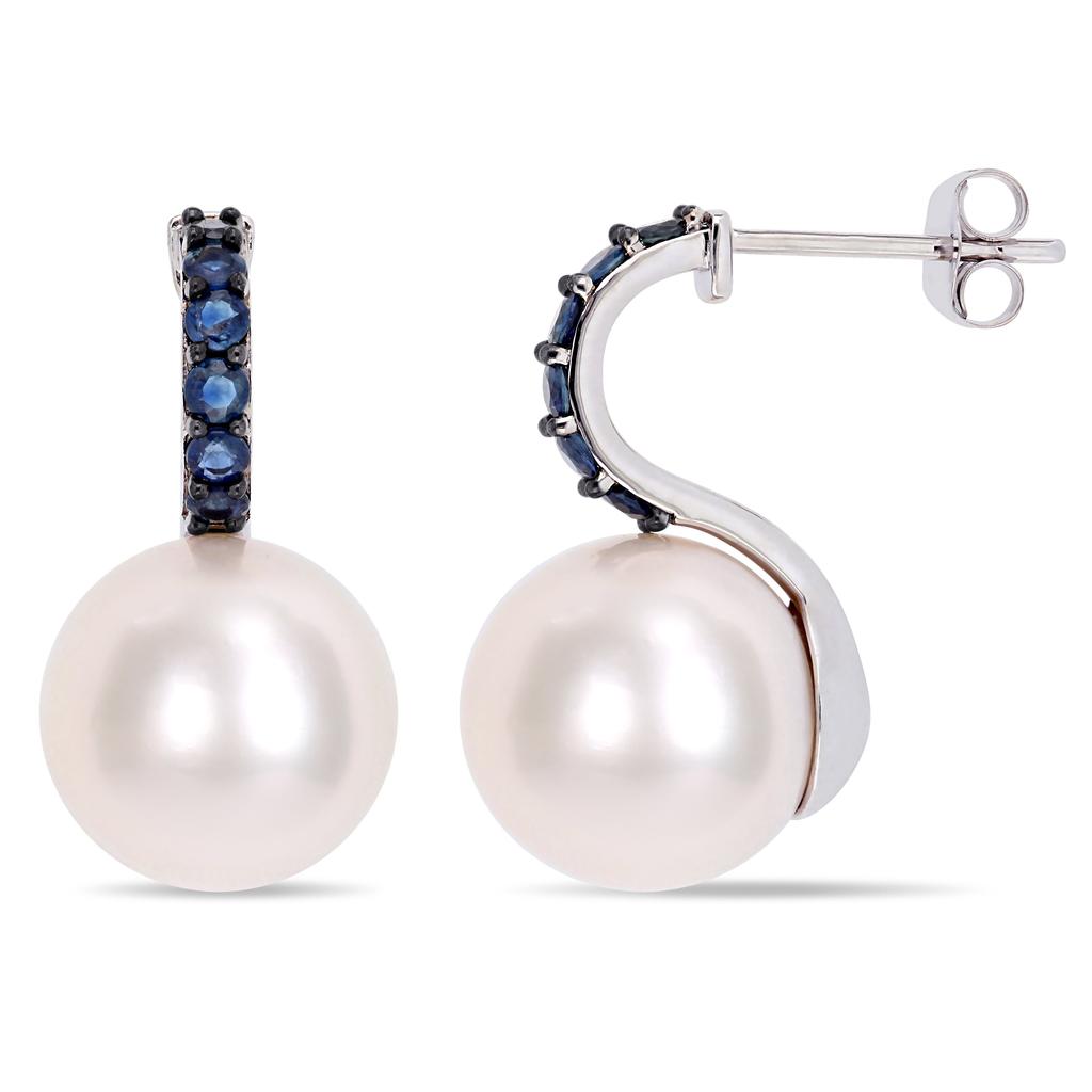 Mimi & Max Mimi & Max 11-12mm Cultured Freshwater Pearl and 5/8ct TGW Sapphire Drop Earrings in 10k White Gold