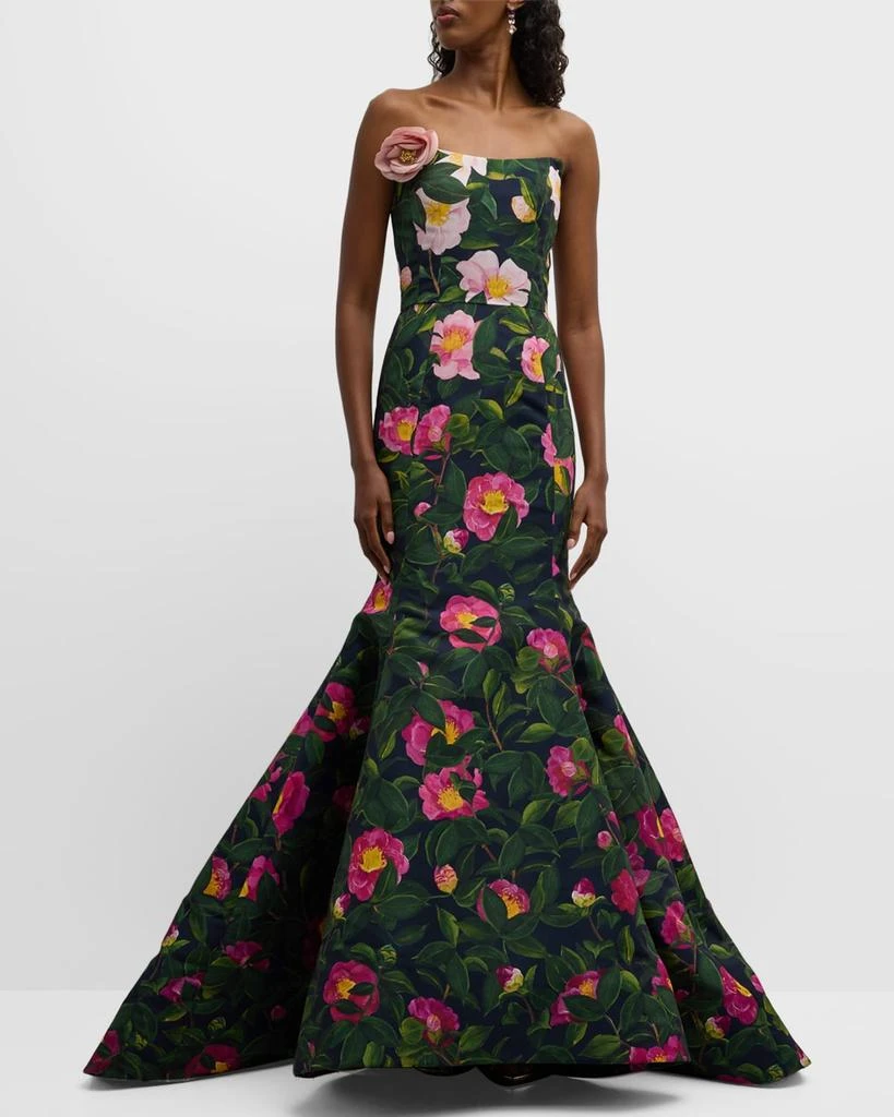 Oscar de la Renta Strapless Flower-Applique Camellia Faille Mermaid Gown 1