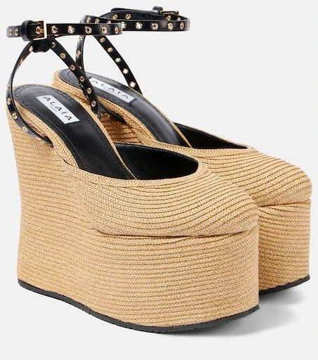 Alaïa LA leather-trimmed paper straw wedges 1