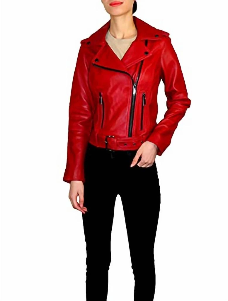 Michael Kors Moto Belted Zip Up Leather Jacket In Scarlet 2
