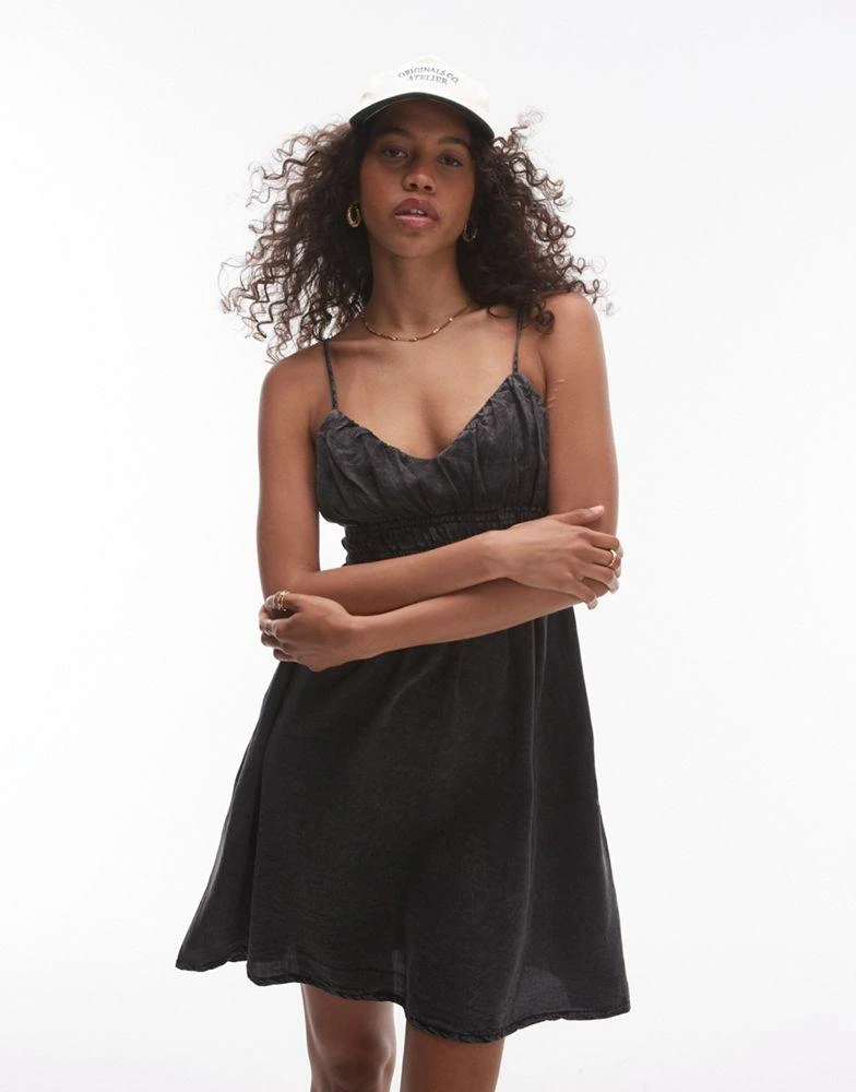 Topshop Topshop acid wash shirred channelled mini dress in grey 1