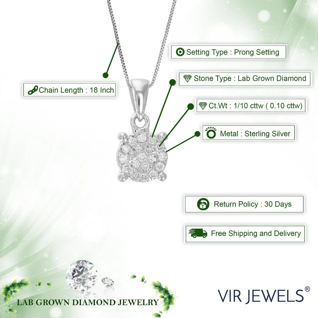 Vir Jewels 1/10 cttw Lab Grown Diamond Pendant Necklace .925 Sterling Silver For Women 1/4 Inch With 18 Inch Chain 2