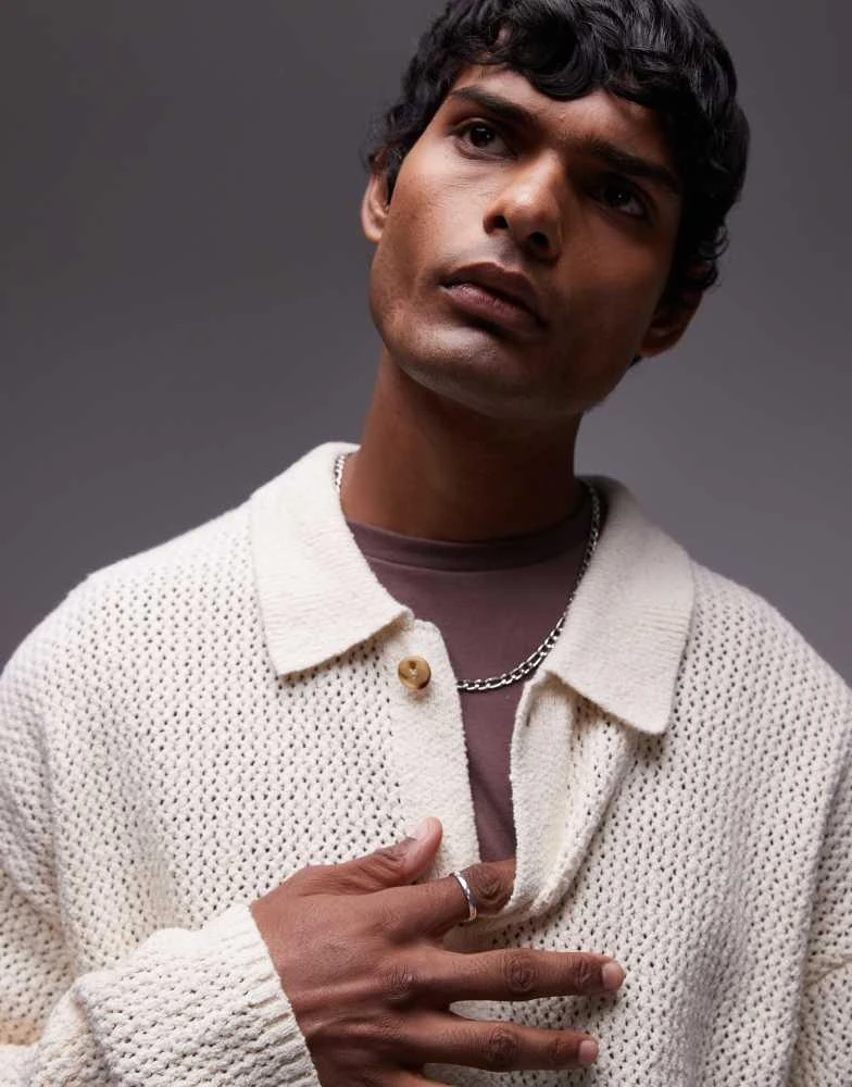 Topman Topman long sleeve open knit shirt in cream 4