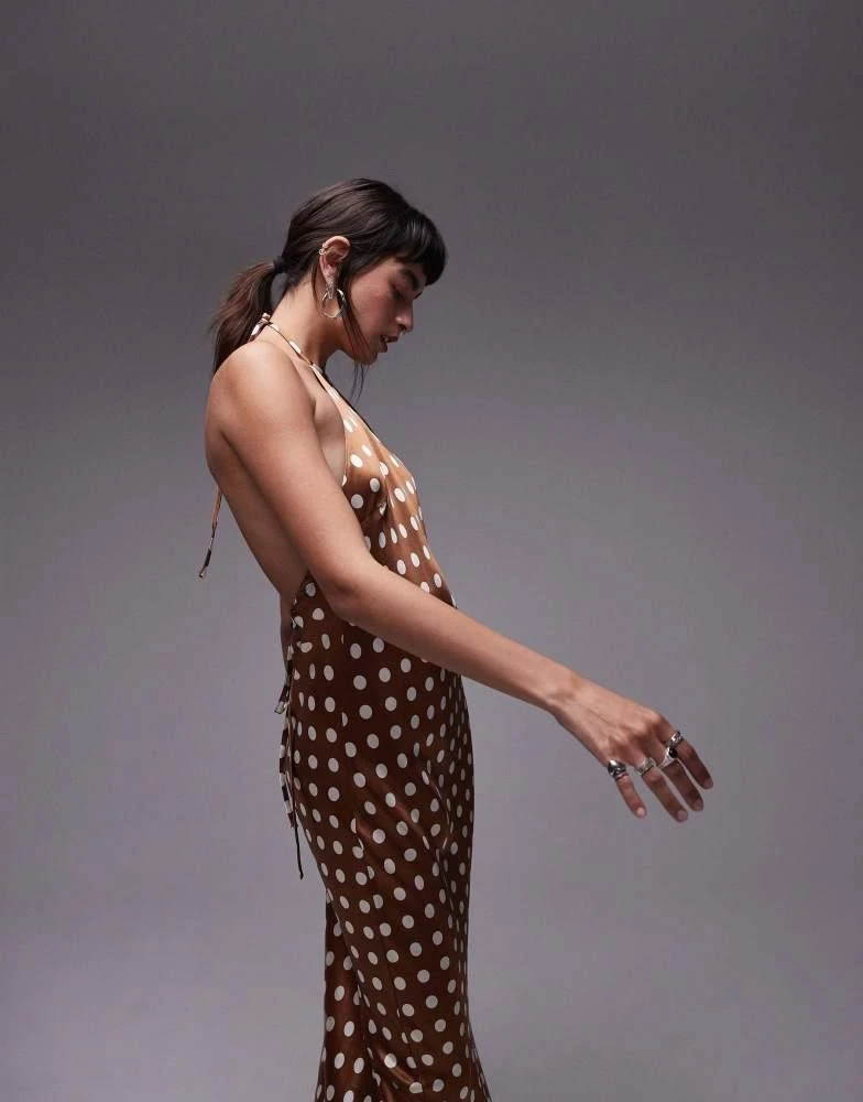 Topshop Topshop polka dot halter neck maxi dress in brown 4