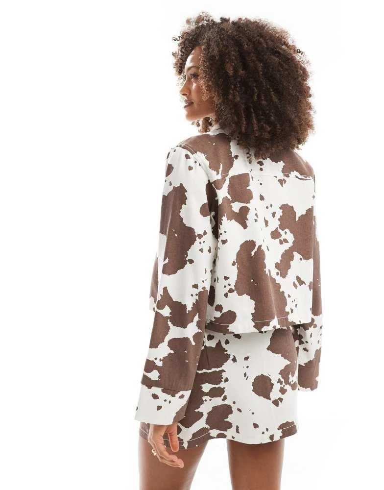 Pieces Pieces boxy denim jacket co-ord in brown cow print 2