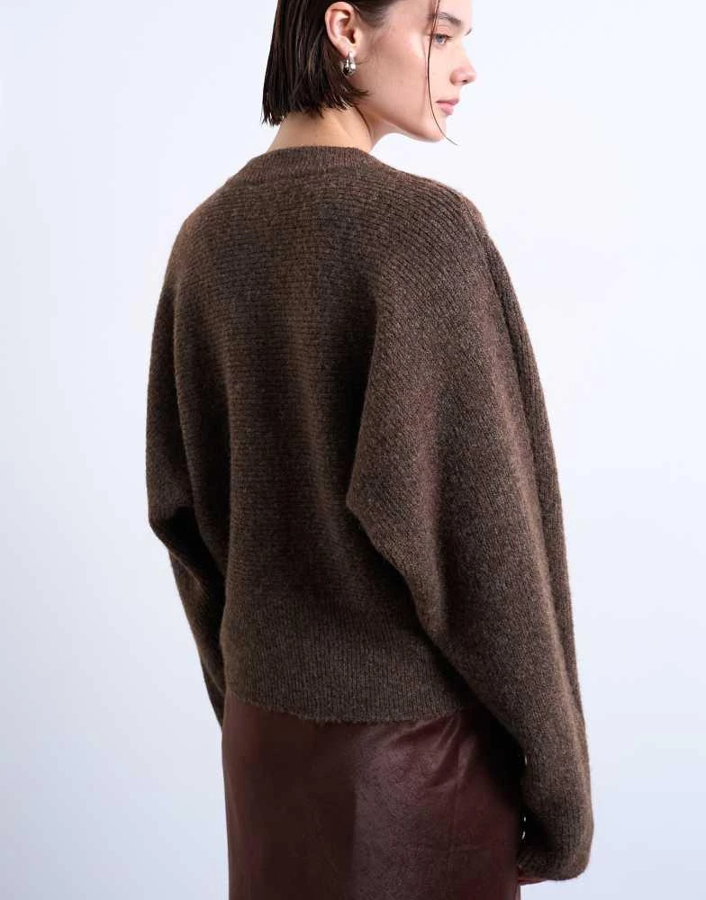 Topshop Topshop knitted high v horizontal stitch jumper in brown 4